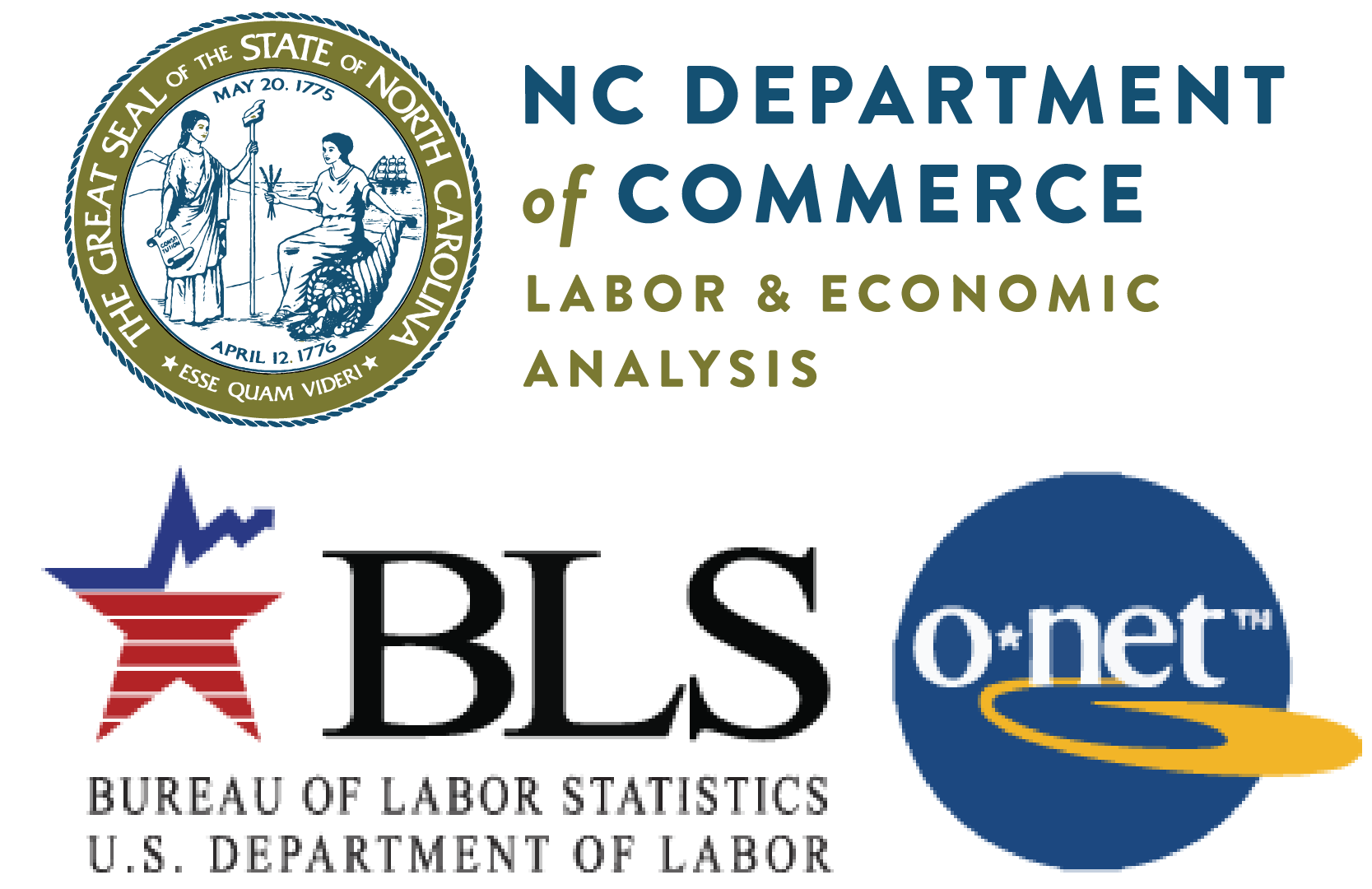Logos for Labor & Economic Analysis, Bureau of Labor Statistics, and O*Net